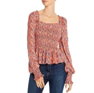 Aqua Womens Paisley Print Smocked Crop Blouse Top NWT XS